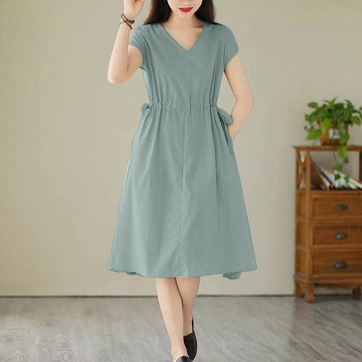 Buddha Stones Pure Color Lace-Up Short Sleeve Cotton Linen Midi Dress With Pockets - MediumAquamarine - US12,UK/AU16,EU44 (3XL) - image 15