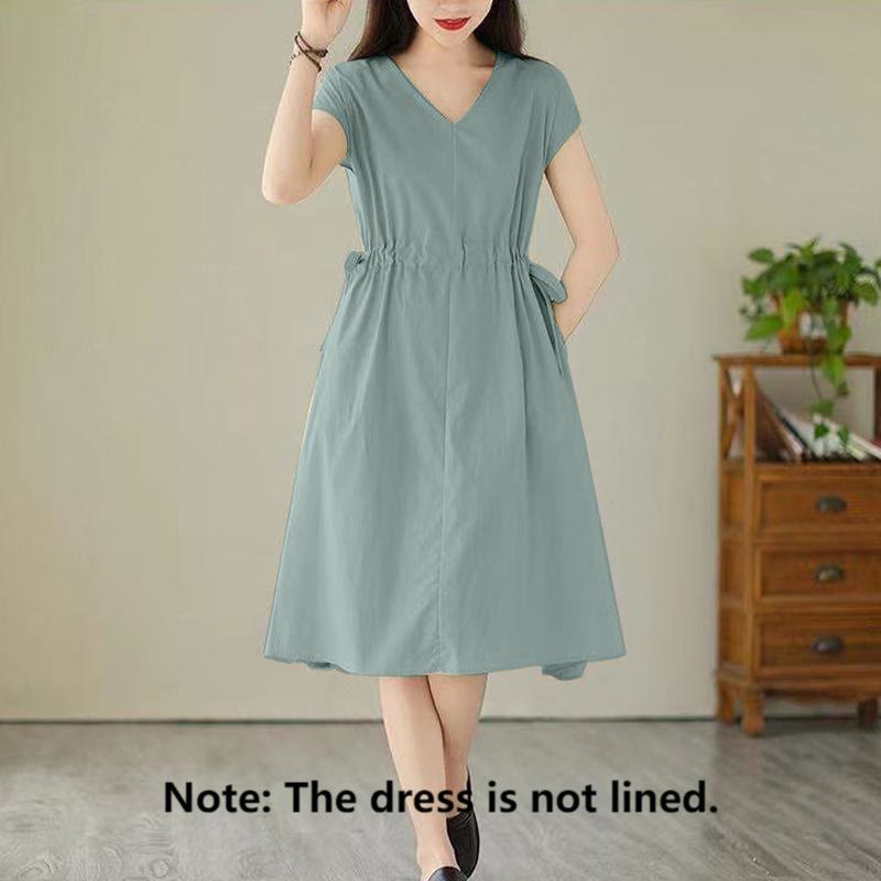 Buddha Stones Pure Color Lace-Up Short Sleeve Cotton Linen Midi Dress With Pockets - image 16