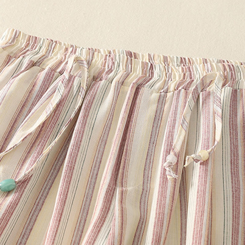 Buddha Stones Color Vertical Stripes Cotton Women's Wide Leg Pants With Pockets - image 2