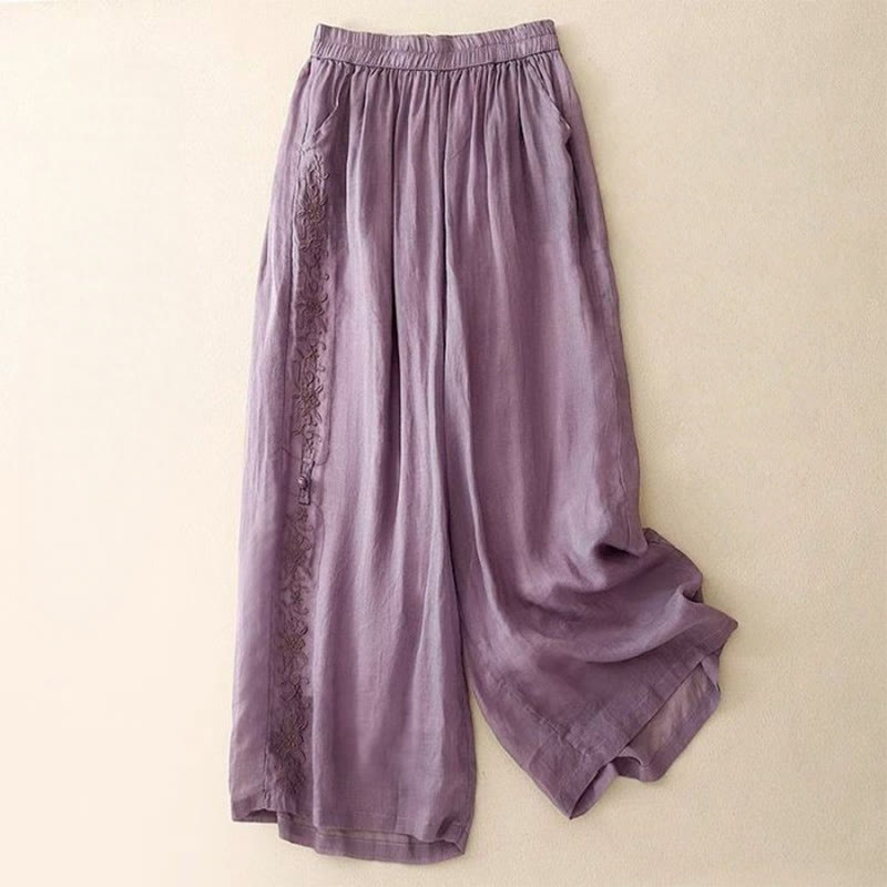 Buddha Stones Side Embroidery Design Cotton Women's 7-8 Length Wide Leg Pants With Pockets - MediumOrchid - US12,UK/AU16,EU44 (3XL) - image 0