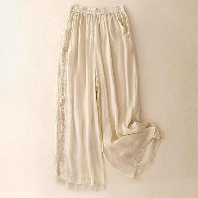 Buddha Stones Side Embroidery Design Cotton Women's 7-8 Length Wide Leg Pants With Pockets - LemonChiffon - US12,UK/AU16,EU44 (3XL) - image 6
