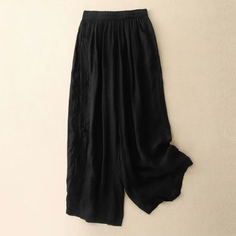 Buddha Stones Side Embroidery Design Cotton Women's 7-8 Length Wide Leg Pants With Pockets - Black - US12,UK/AU16,EU44 (3XL) - image 14