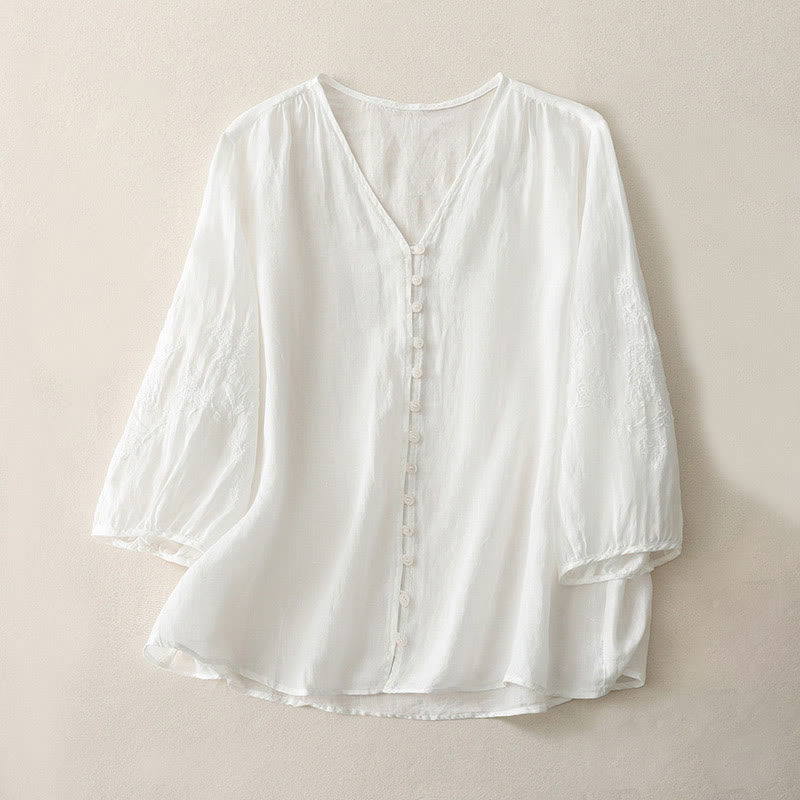 Buddha Stones Embroidery Button-down Women's Cotton Linen Shirt - White - US8-10,UK/AU12-14,EU40-42 (2XL) - image 6
