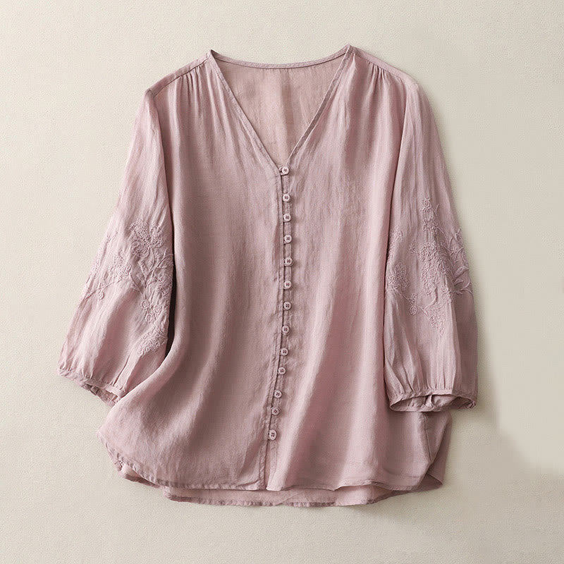 Buddha Stones Embroidery Button-down Women's Cotton Linen Shirt - Plum - US8-10,UK/AU12-14,EU40-42 (2XL) - image 16