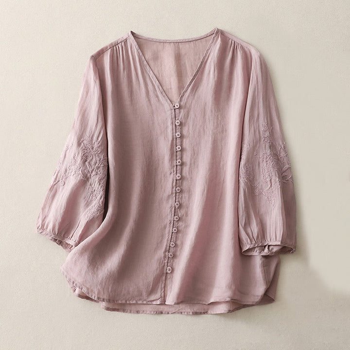 Buddha Stones Embroidery Button-down Women's Cotton Linen Shirt - Plum - US8-10,UK/AU12-14,EU40-42 (2XL) - image 16