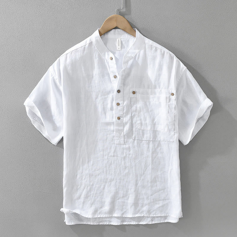 Buddha Stones Summer Half Buttons Design Lapel Men's Short Sleeve Linen Shirt With Pocket - White - US/UK/AU42,EU52 (3XL) - image 2