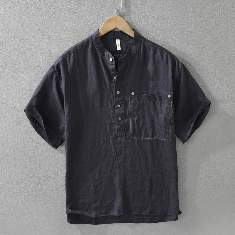 Buddha Stones Summer Half Buttons Design Lapel Men's Short Sleeve Linen Shirt With Pocket - MidnightBlue - US/UK/AU42,EU52 (3XL) - image 3
