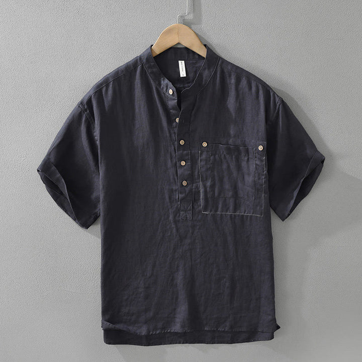 Buddha Stones Summer Half Buttons Design Lapel Men's Short Sleeve Linen Shirt With Pocket - MidnightBlue - US/UK/AU42,EU52 (3XL) - image 3