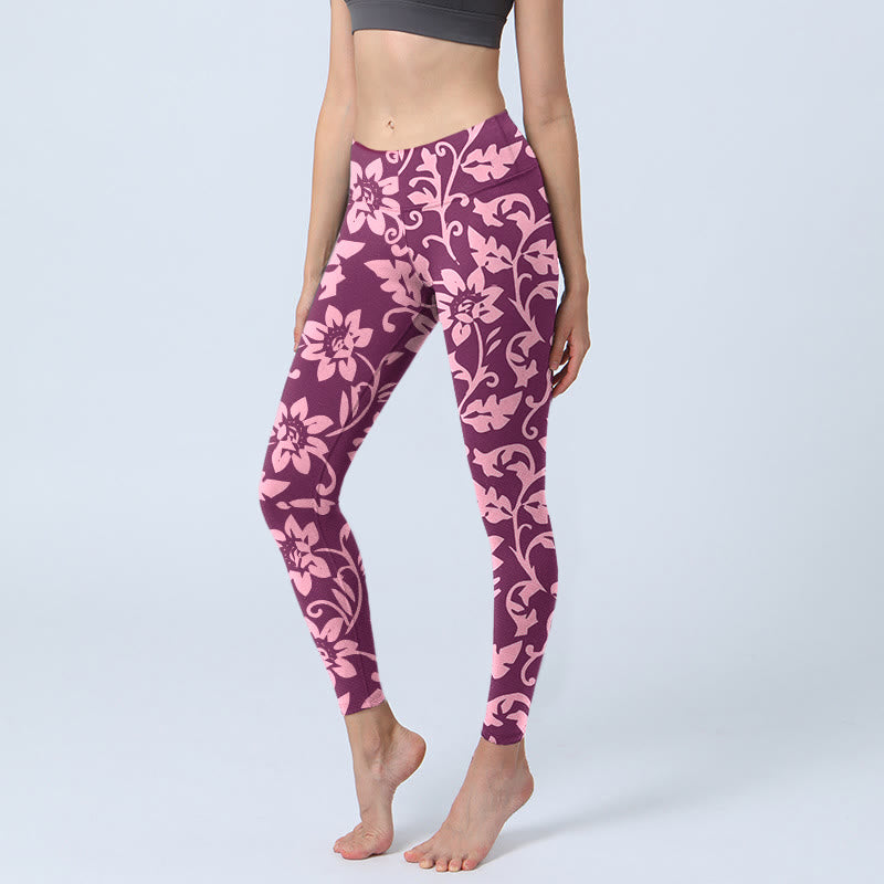 Buddha Stones Pink Sunflowers Print Gym Leggings Women's Yoga Pants - MediumVioletRed - US18,UK/AU22,EU50 (4XL) - image 1