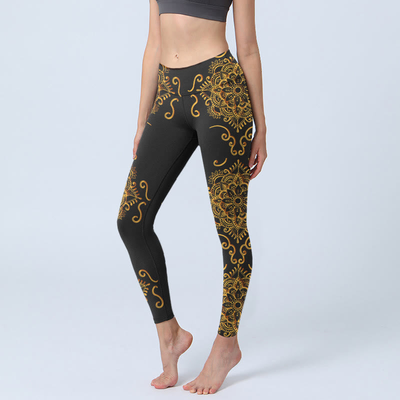 Buddha Stones Golden Mandala Flowers Print Gym Leggings Women's Yoga Pants - Black - US18,UK/AU22,EU50 (4XL) - image 1