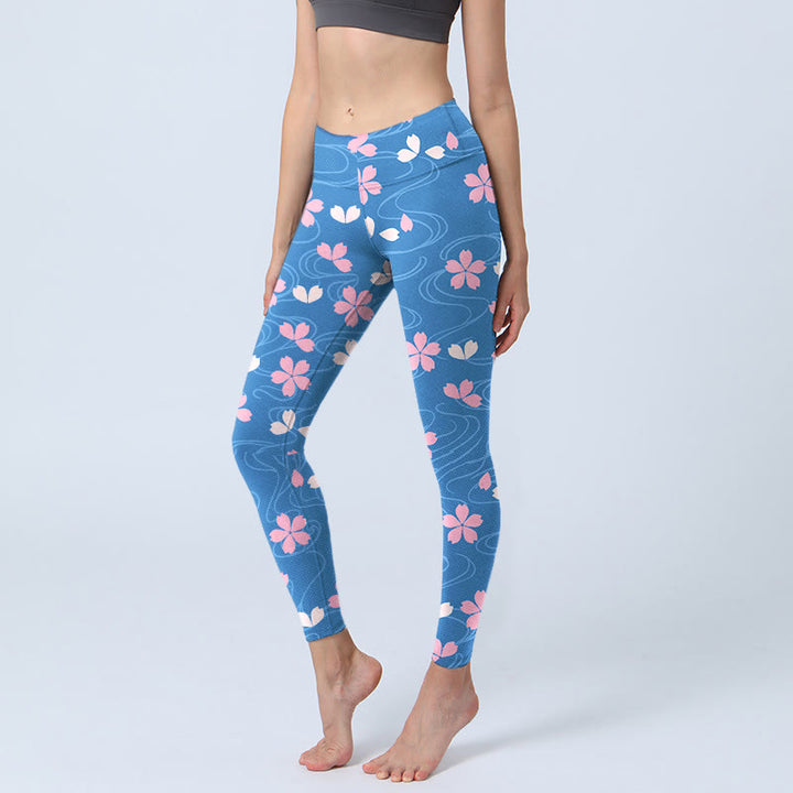 Buddha Stones Pink Cherry Blossoms Lines Print Gym Leggings Women's Yoga Pants - LightSkyBlue - US18,UK/AU22,EU50 (4XL) - image 1