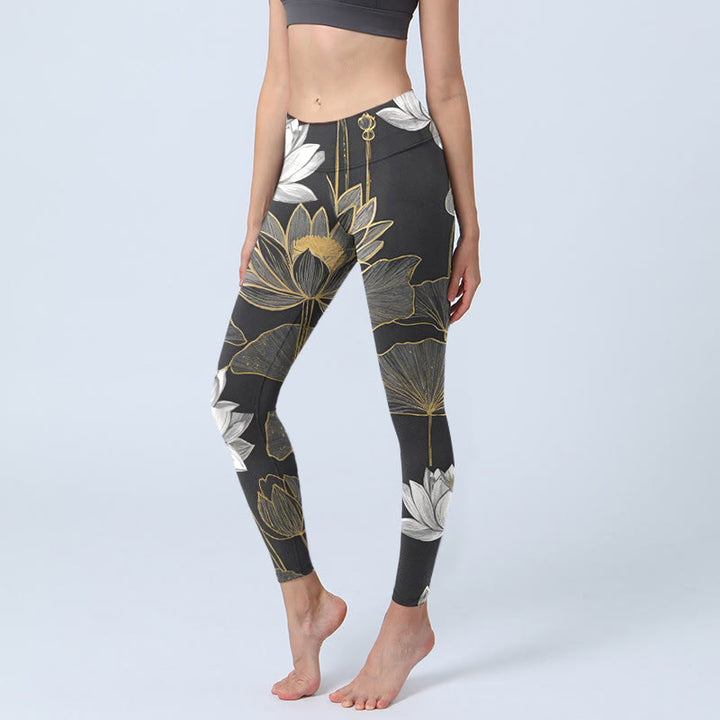 Buddha Stones White Golden Lotus Leaves Print Gym Leggings Women's Yoga Pants - Black - US18,UK/AU22,EU50 (4XL) - image 1