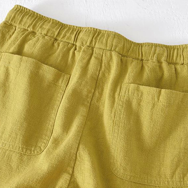Buddha Stones Summer Solid Color Drawstring Elastic Waist Men's Cotton Linen Shorts With Pockets - image 13