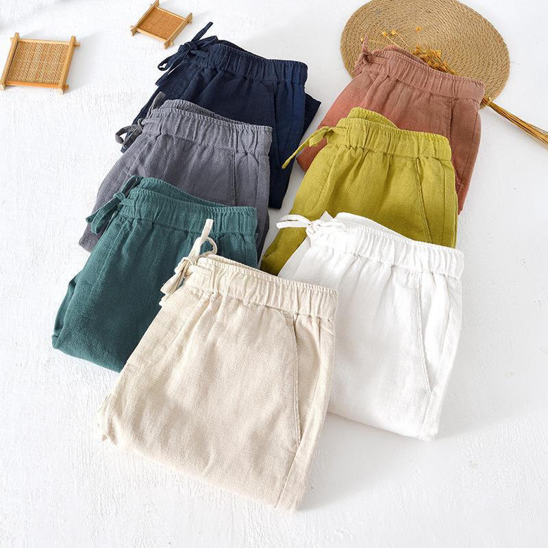 Buddha Stones Summer Solid Color Drawstring Elastic Waist Men's Cotton Linen Shorts With Pockets - image 39