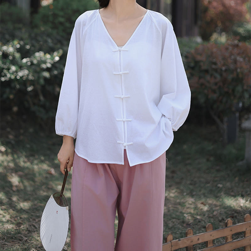 Buddha Stones Summer Pure Color Chinese Frog-Button V-Neck Cotton Linen Women's Long Sleeve Shirt - image 18