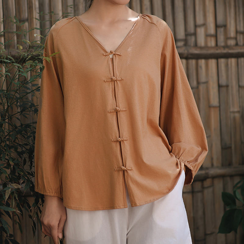 Buddha Stones Summer Pure Color Chinese Frog-Button V-Neck Cotton Linen Women's Long Sleeve Shirt - image 4