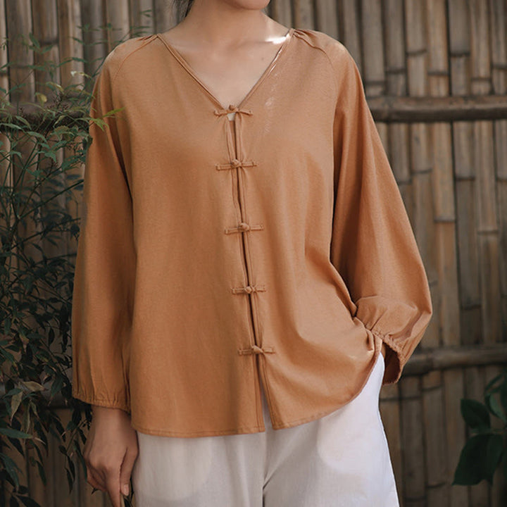 Buddha Stones Summer Pure Color Chinese Frog-Button V-Neck Cotton Linen Women's Long Sleeve Shirt - image 4