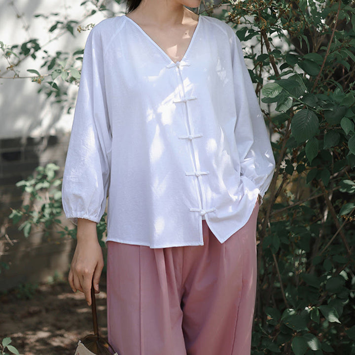 Buddha Stones Summer Pure Color Chinese Frog-Button V-Neck Cotton Linen Women's Long Sleeve Shirt - image 15