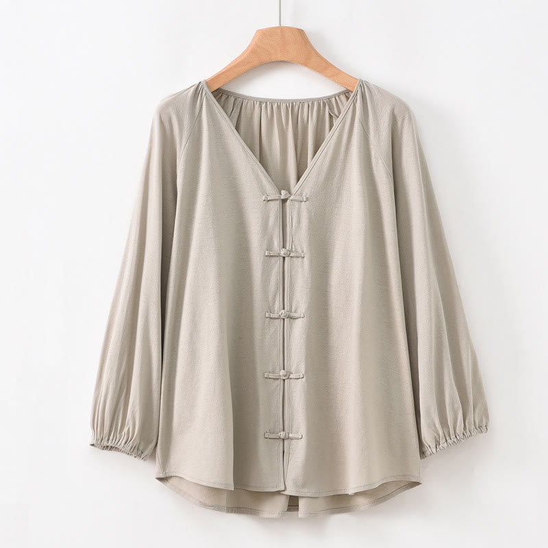 Buddha Stones Summer Pure Color Chinese Frog-Button V-Neck Cotton Linen Women's Long Sleeve Shirt - Tan - US12,UK/AU16,EU44 (2XL) - image 23