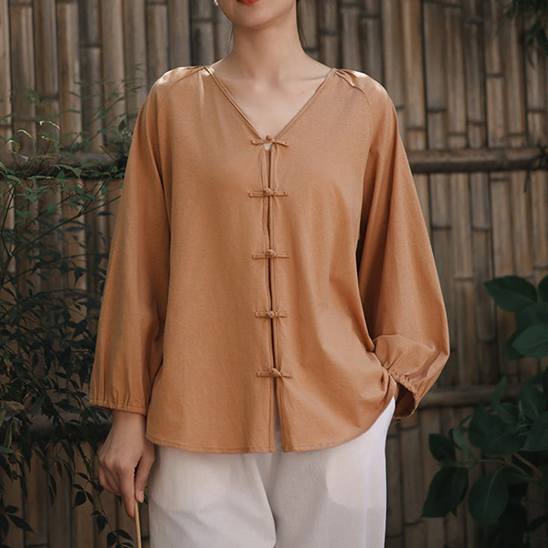 Buddha Stones Summer Pure Color Chinese Frog-Button V-Neck Cotton Linen Women's Long Sleeve Shirt - image 5