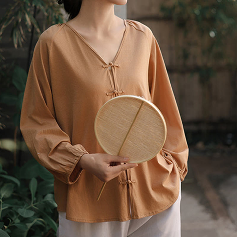 Buddha Stones Summer Pure Color Chinese Frog-Button V-Neck Cotton Linen Women's Long Sleeve Shirt - image 3