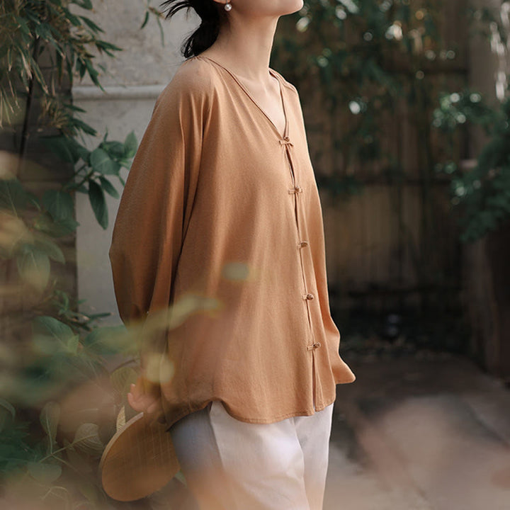 Buddha Stones Summer Pure Color Chinese Frog-Button V-Neck Cotton Linen Women's Long Sleeve Shirt - image 9