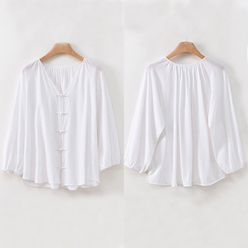 Buddha Stones Summer Pure Color Chinese Frog-Button V-Neck Cotton Linen Women's Long Sleeve Shirt - image 21
