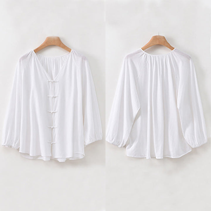 Buddha Stones Summer Pure Color Chinese Frog-Button V-Neck Cotton Linen Women's Long Sleeve Shirt - image 21