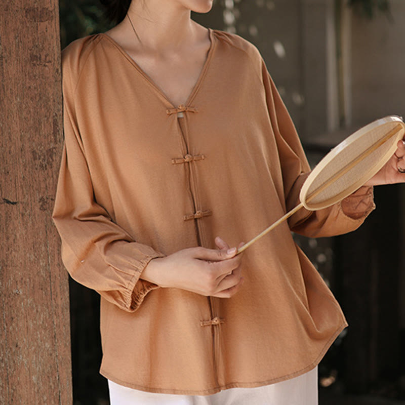 Buddha Stones Summer Pure Color Chinese Frog-Button V-Neck Cotton Linen Women's Long Sleeve Shirt - image 2