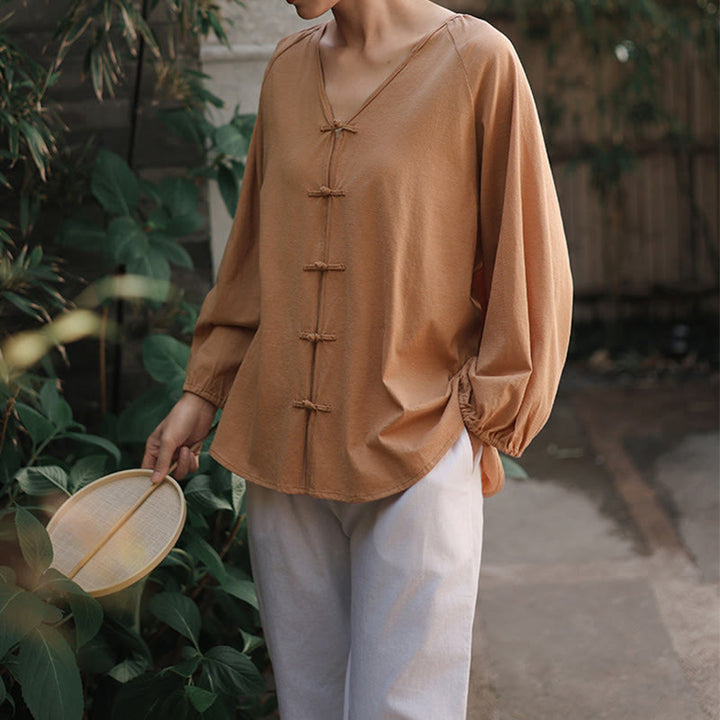 Buddha Stones Summer Pure Color Chinese Frog-Button V-Neck Cotton Linen Women's Long Sleeve Shirt - image 8