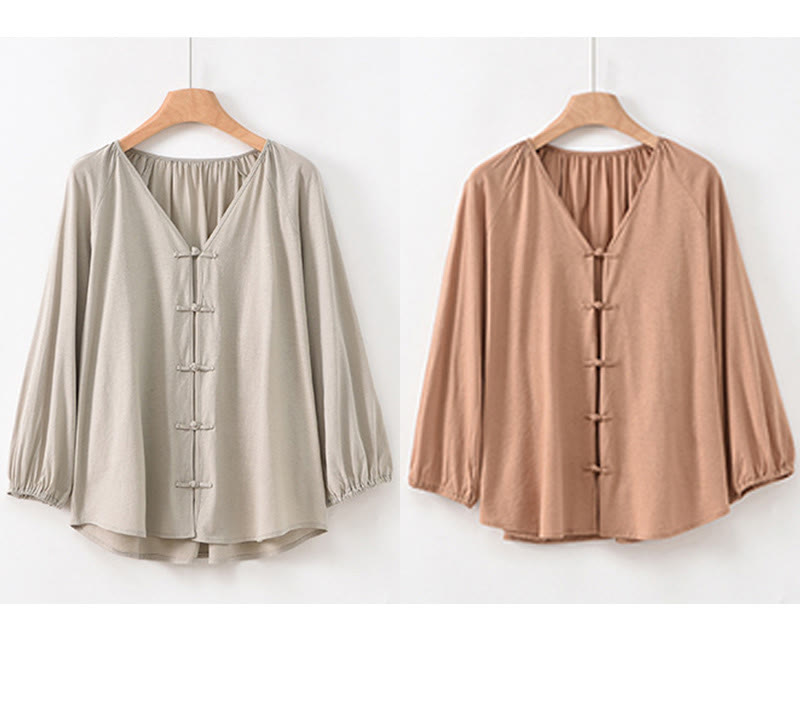 Buddha Stones Summer Pure Color Chinese Frog-Button V-Neck Cotton Linen Women's Long Sleeve Shirt - image 24