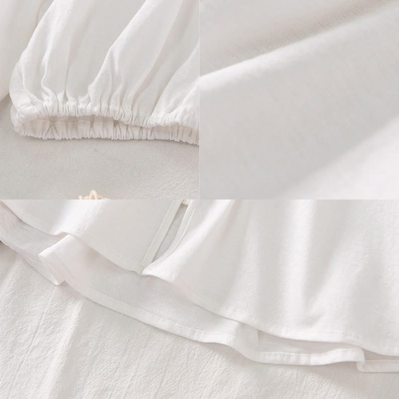 Buddha Stones Summer Pure Color Chinese Frog-Button V-Neck Cotton Linen Women's Long Sleeve Shirt - image 22