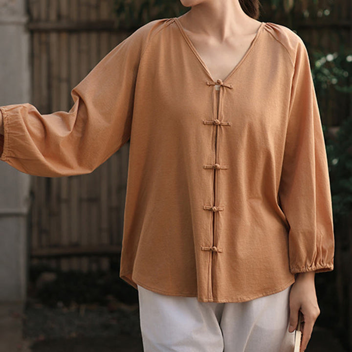 Buddha Stones Summer Pure Color Chinese Frog-Button V-Neck Cotton Linen Women's Long Sleeve Shirt - Chocolate - US12,UK/AU16,EU44 (2XL) - image 1
