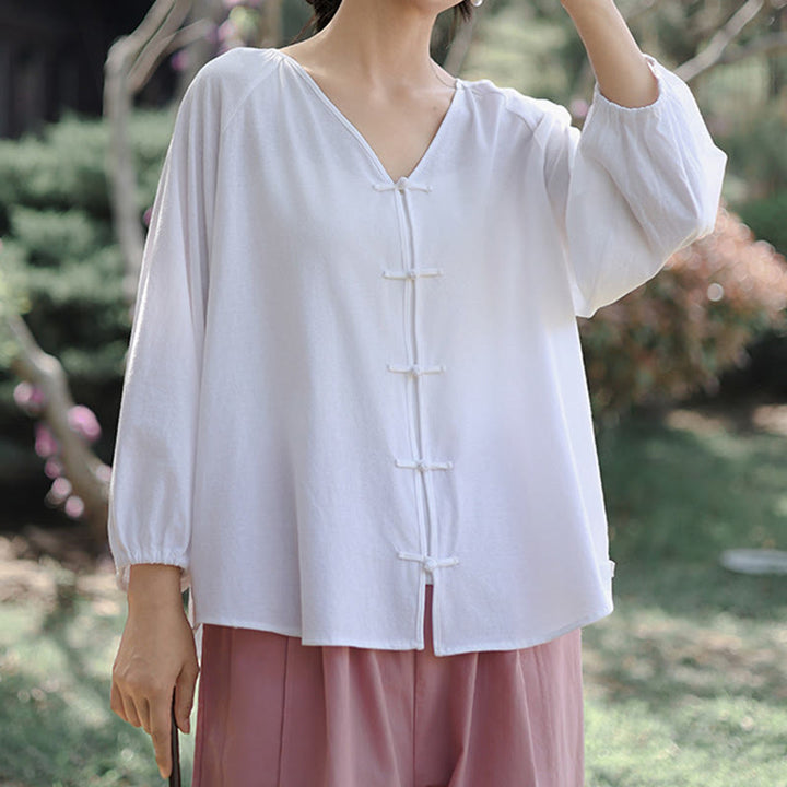 Buddha Stones Summer Pure Color Chinese Frog-Button V-Neck Cotton Linen Women's Long Sleeve Shirt - image 11