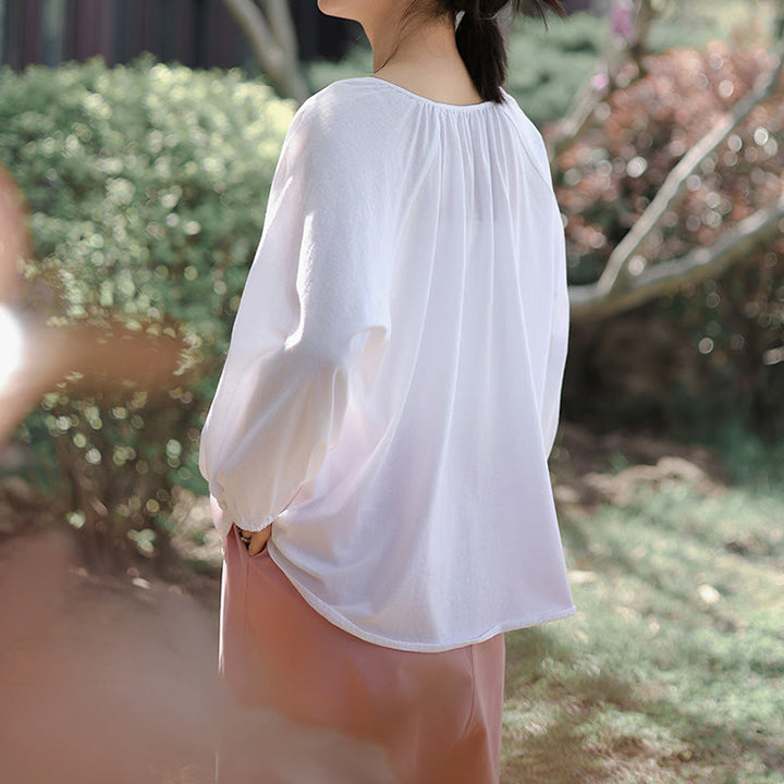 Buddha Stones Summer Pure Color Chinese Frog-Button V-Neck Cotton Linen Women's Long Sleeve Shirt - image 14