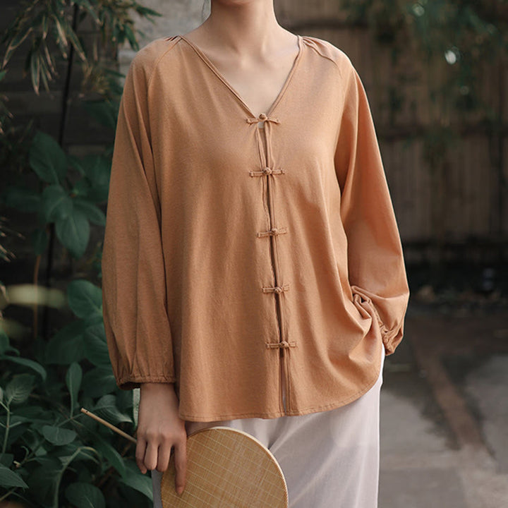 Buddha Stones Summer Pure Color Chinese Frog-Button V-Neck Cotton Linen Women's Long Sleeve Shirt - image 6