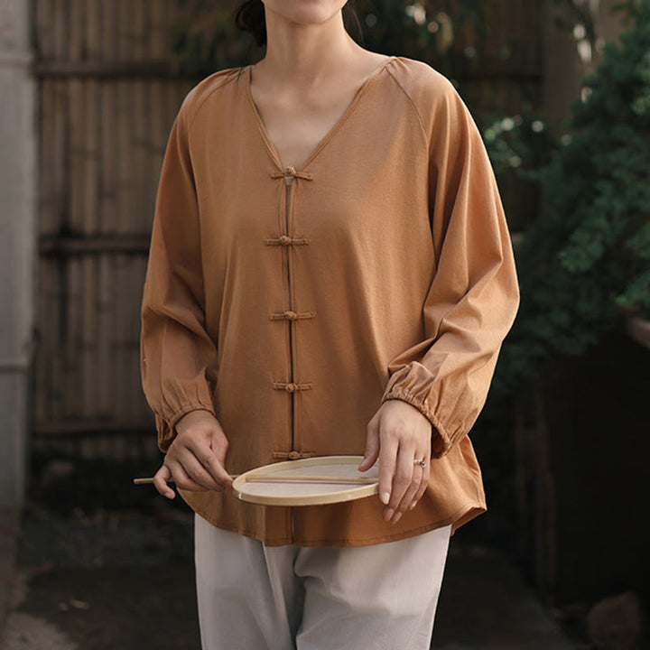 Buddha Stones Summer Pure Color Chinese Frog-Button V-Neck Cotton Linen Women's Long Sleeve Shirt - image 7