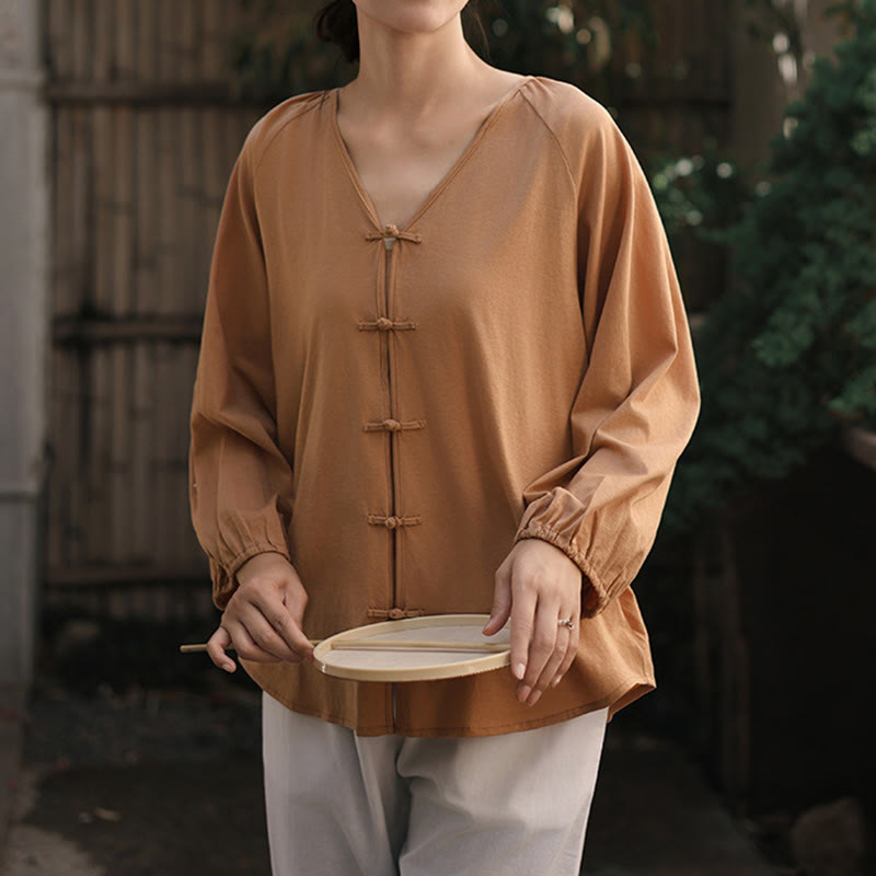 Buddha Stones Summer Pure Color Chinese Frog-Button V-Neck Cotton Linen Women's Long Sleeve Shirt - image 7