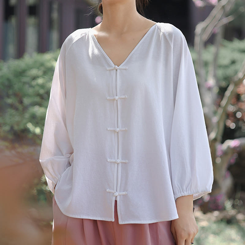 Buddha Stones Summer Pure Color Chinese Frog-Button V-Neck Cotton Linen Women's Long Sleeve Shirt - image 16