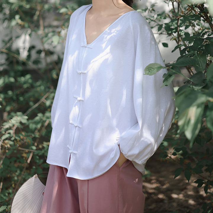 Buddha Stones Summer Pure Color Chinese Frog-Button V-Neck Cotton Linen Women's Long Sleeve Shirt - image 13