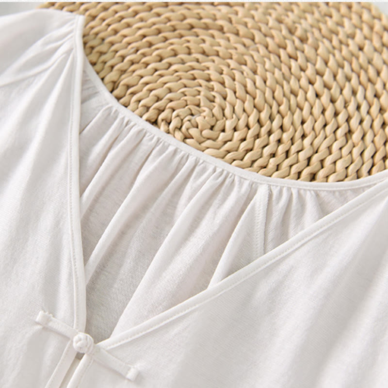 Buddha Stones Summer Pure Color Chinese Frog-Button V-Neck Cotton Linen Women's Long Sleeve Shirt - image 19