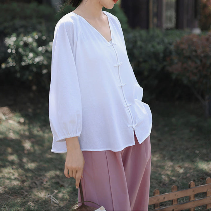 Buddha Stones Summer Pure Color Chinese Frog-Button V-Neck Cotton Linen Women's Long Sleeve Shirt - image 17