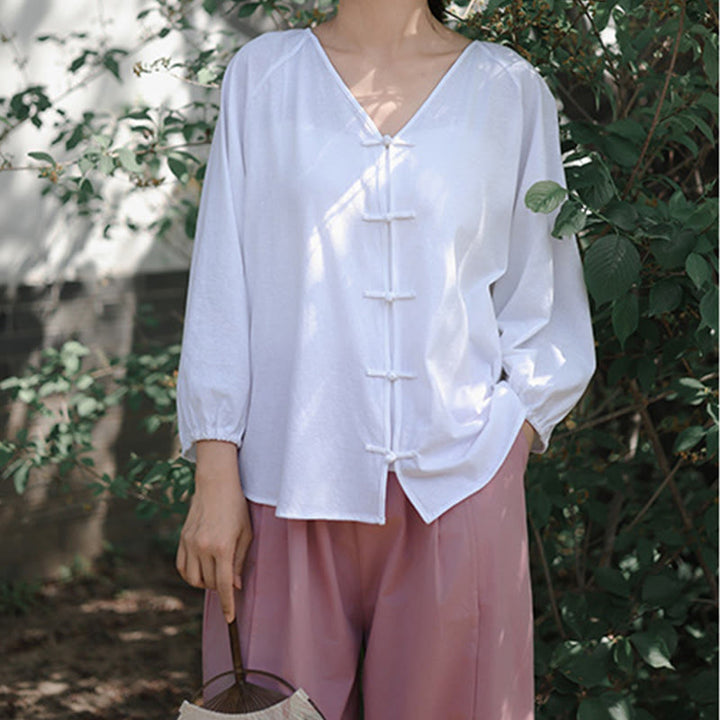 Buddha Stones Summer Pure Color Chinese Frog-Button V-Neck Cotton Linen Women's Long Sleeve Shirt - image 12