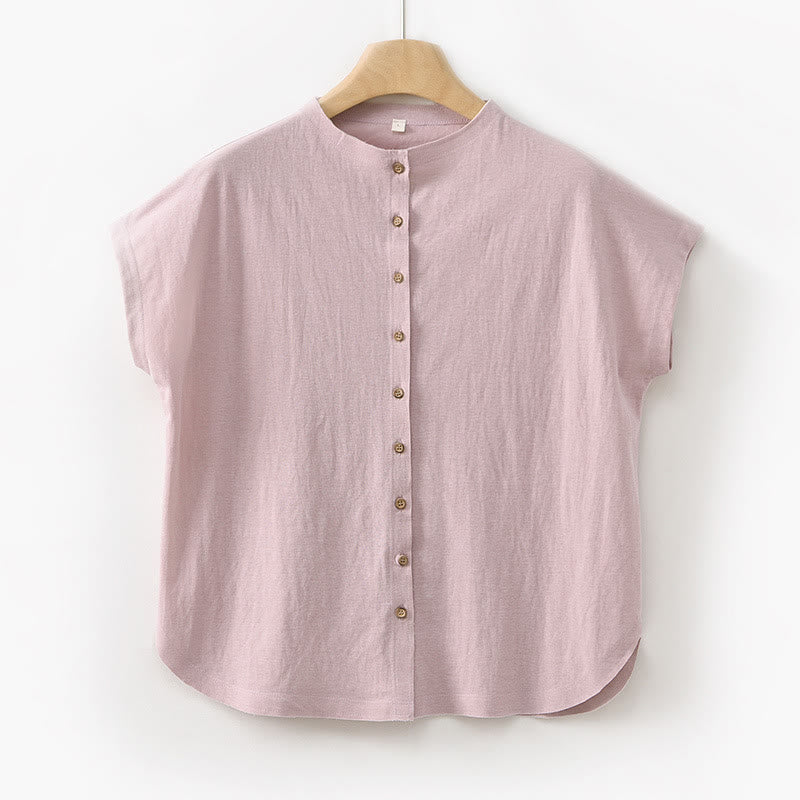 Buddha Stones Vintage Buttons Design Stand Collar Cotton Short Sleeve Women's Shirt - Pink - US8-10,UK/AU12-14,EU40-42 (2XL) - image 22