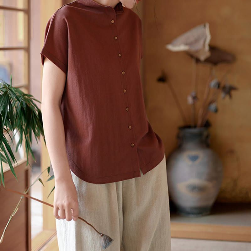 Buddha Stones Vintage Buttons Design Stand Collar Cotton Short Sleeve Women's Shirt - image 7