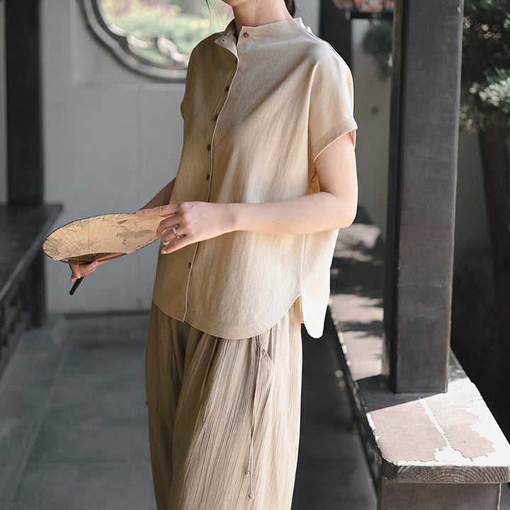 Buddha Stones Vintage Buttons Design Stand Collar Cotton Short Sleeve Women's Shirt - image 14