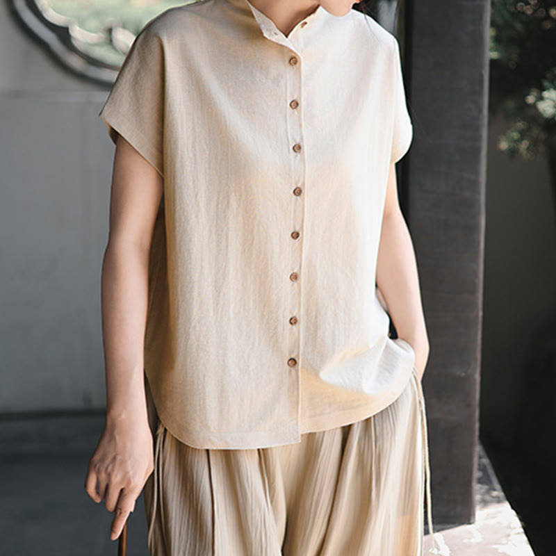 Buddha Stones Vintage Buttons Design Stand Collar Cotton Short Sleeve Women's Shirt - image 12