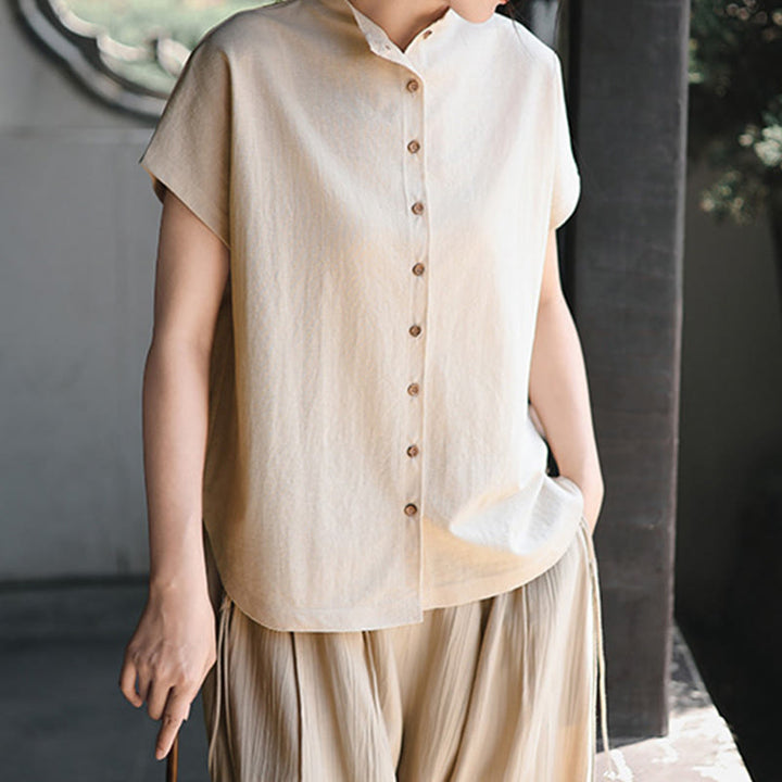 Buddha Stones Vintage Buttons Design Stand Collar Cotton Short Sleeve Women's Shirt - image 12