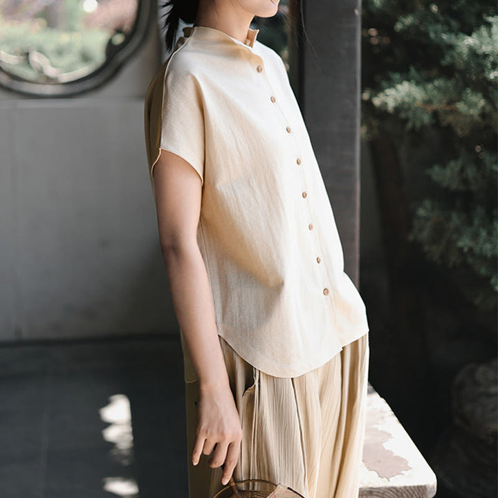 Buddha Stones Vintage Buttons Design Stand Collar Cotton Short Sleeve Women's Shirt - image 13