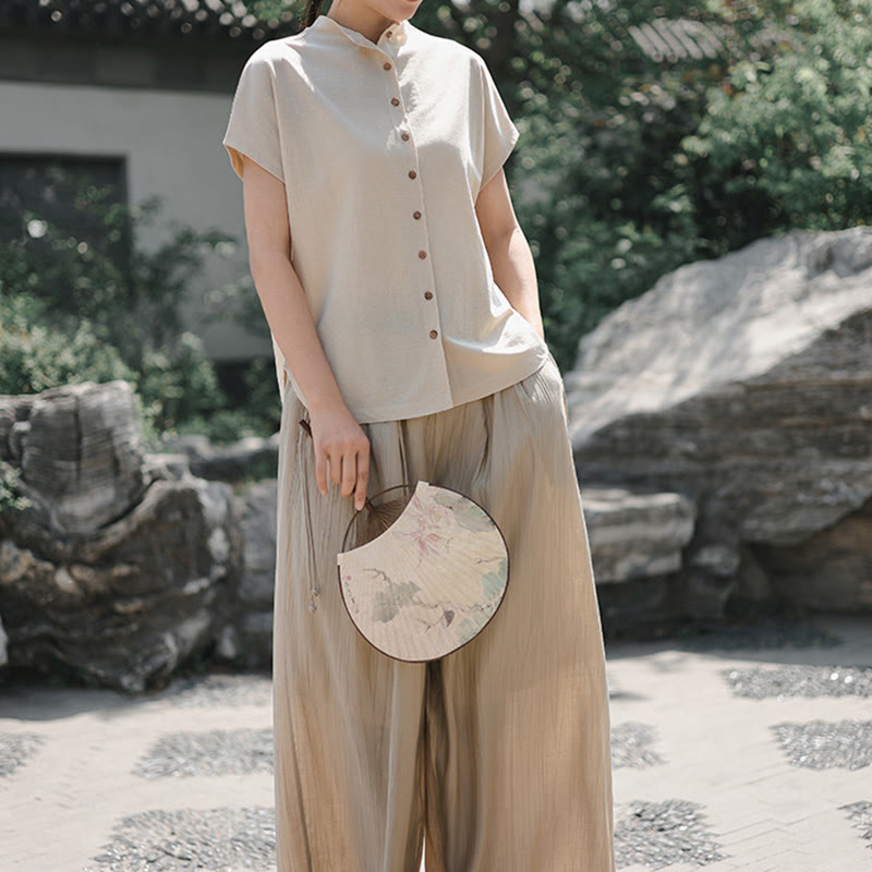 Buddha Stones Vintage Buttons Design Stand Collar Cotton Short Sleeve Women's Shirt - image 16